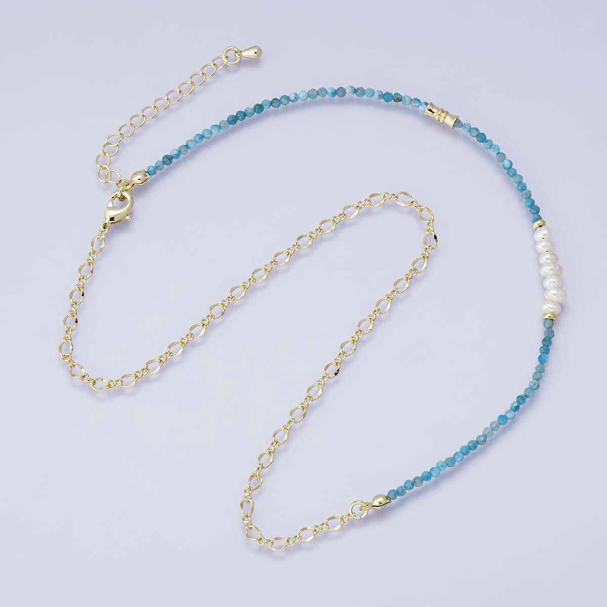 24K Gold Filled Blue Aquamarine Multifaceted Shell Pearl Gemstone Bead Figaro Chain Half 16.5 Inch Necklace w. Extender | WA - 04208 - DLUXCA