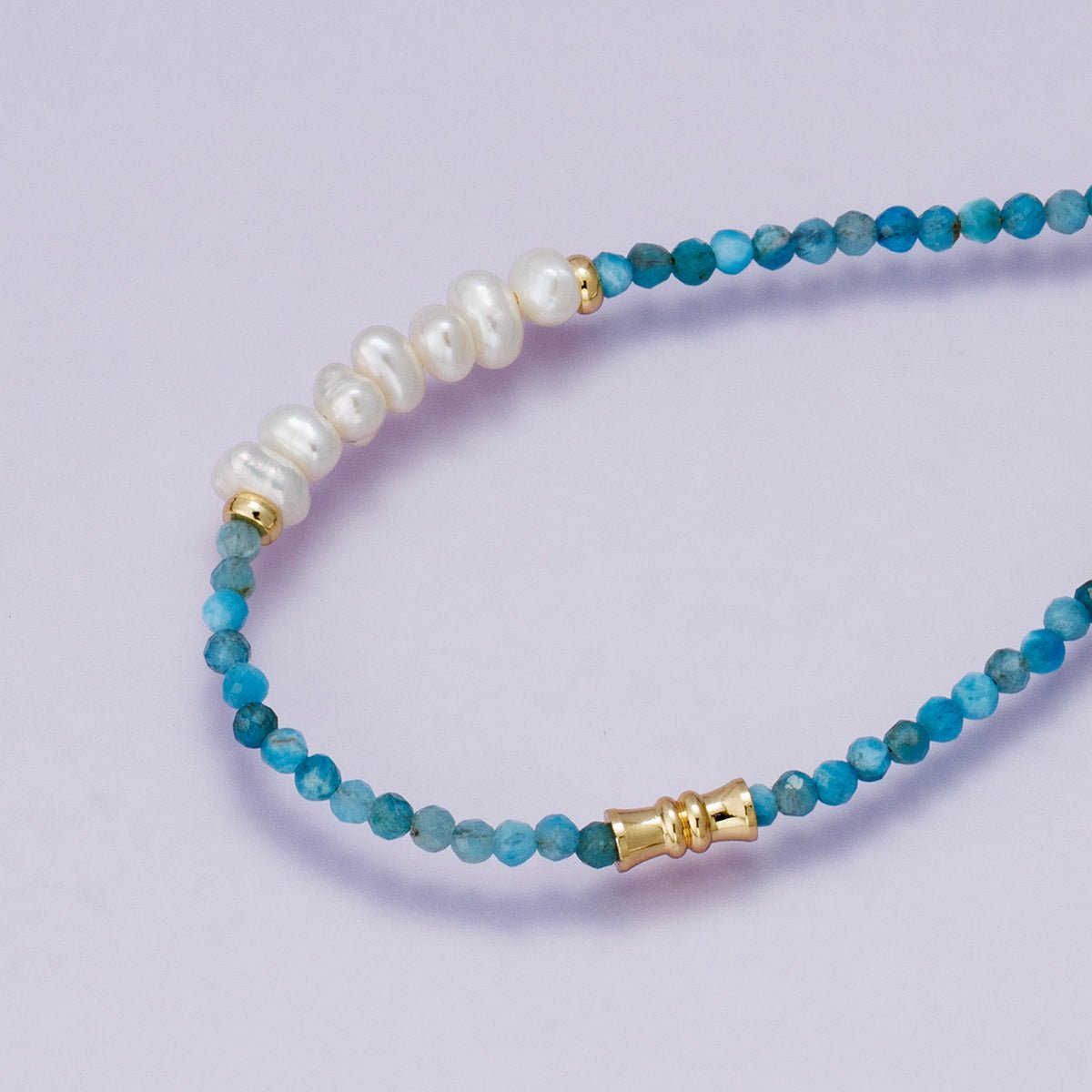 24K Gold Filled Blue Aquamarine Multifaceted Shell Pearl Gemstone Bead Paperclip Chain Half 18 Inch Necklace w. Extender | WA - 04215 - DLUXCA