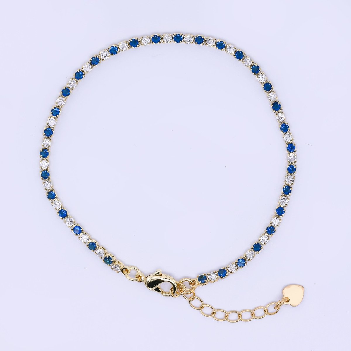 24K Gold Filled Blue Clear CZ Tennis 6.9 inch Bracelet with Extender | WA - 1596 - DLUXCA
