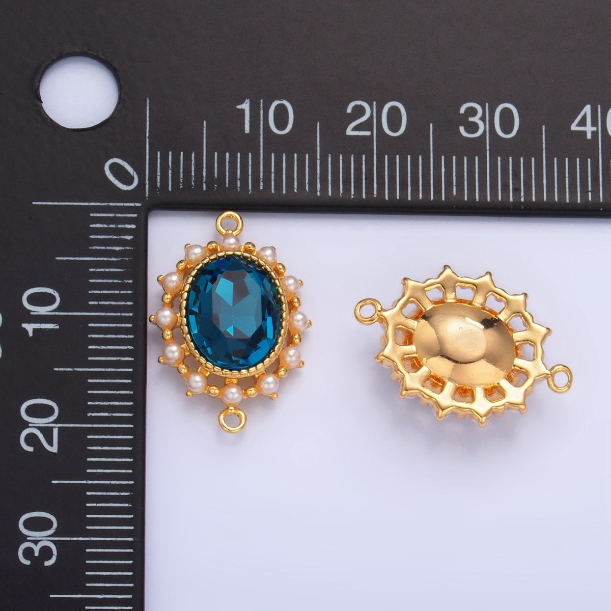 24K Gold Filled Blue CZ Shell Pearl Bezel Oval Connector | F729 - DLUXCA
