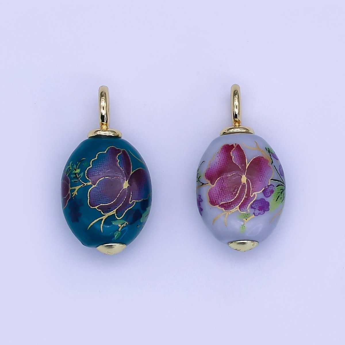 24K Gold Filled Blue Flower Sphere Ceramic Drop Pendant | CC580 - DLUXCA