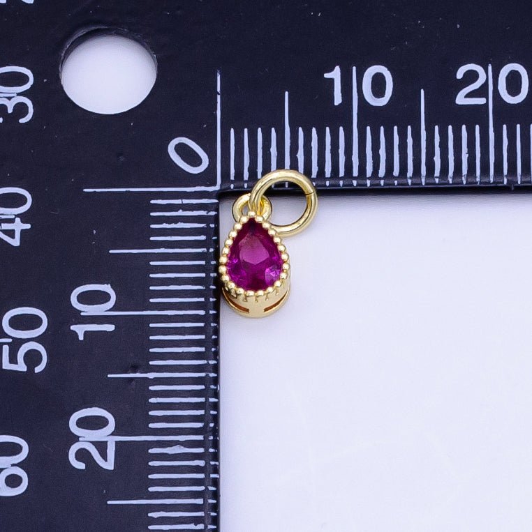 24K Gold Filled Blue, Fuchsia, Red, Pink CZ Teardrop Bezel Mini Charm | D613 - D614 - DLUXCA