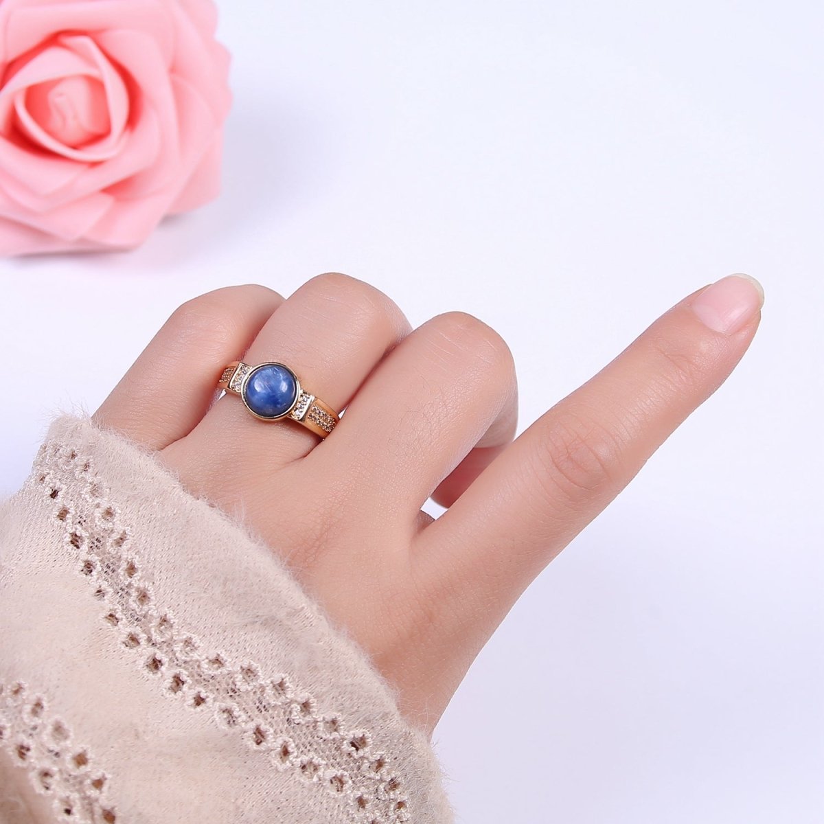 24K Gold Filled Blue Kyanite Gemstone Micro Paved CZ Signet Ring | U372 - DLUXCA