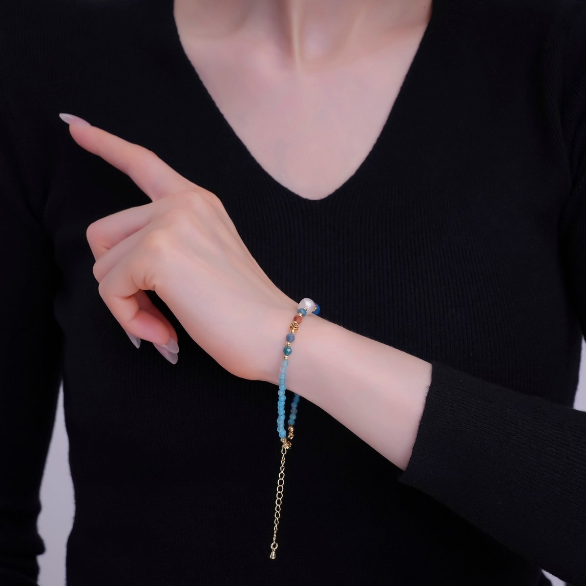 24K Gold Filled Blue Multicolor Gemstone 9.25 Inch Bracelet | WA - 2887 - DLUXCA