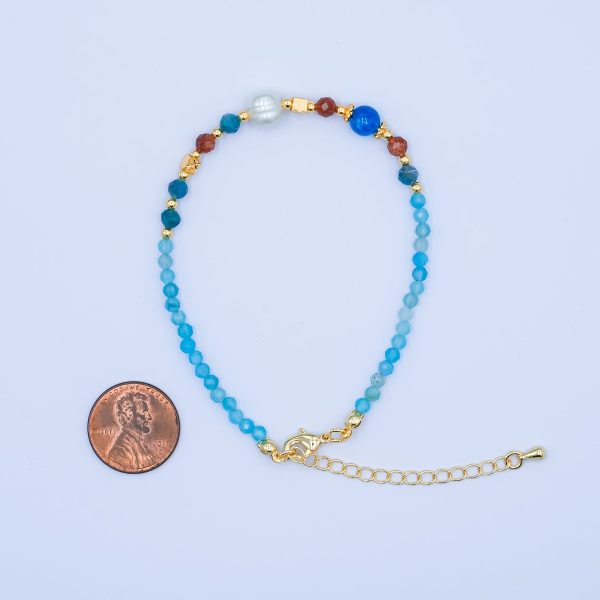 24K Gold Filled Blue Multicolor Gemstone 9.25 Inch Bracelet | WA - 2887 - DLUXCA