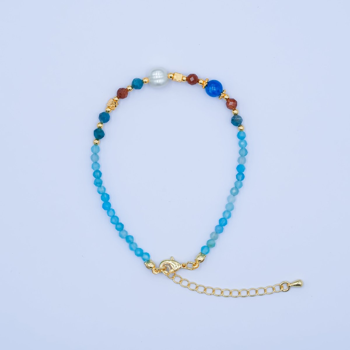 24K Gold Filled Blue Multicolor Gemstone 9.25 Inch Bracelet | WA - 2887 - DLUXCA