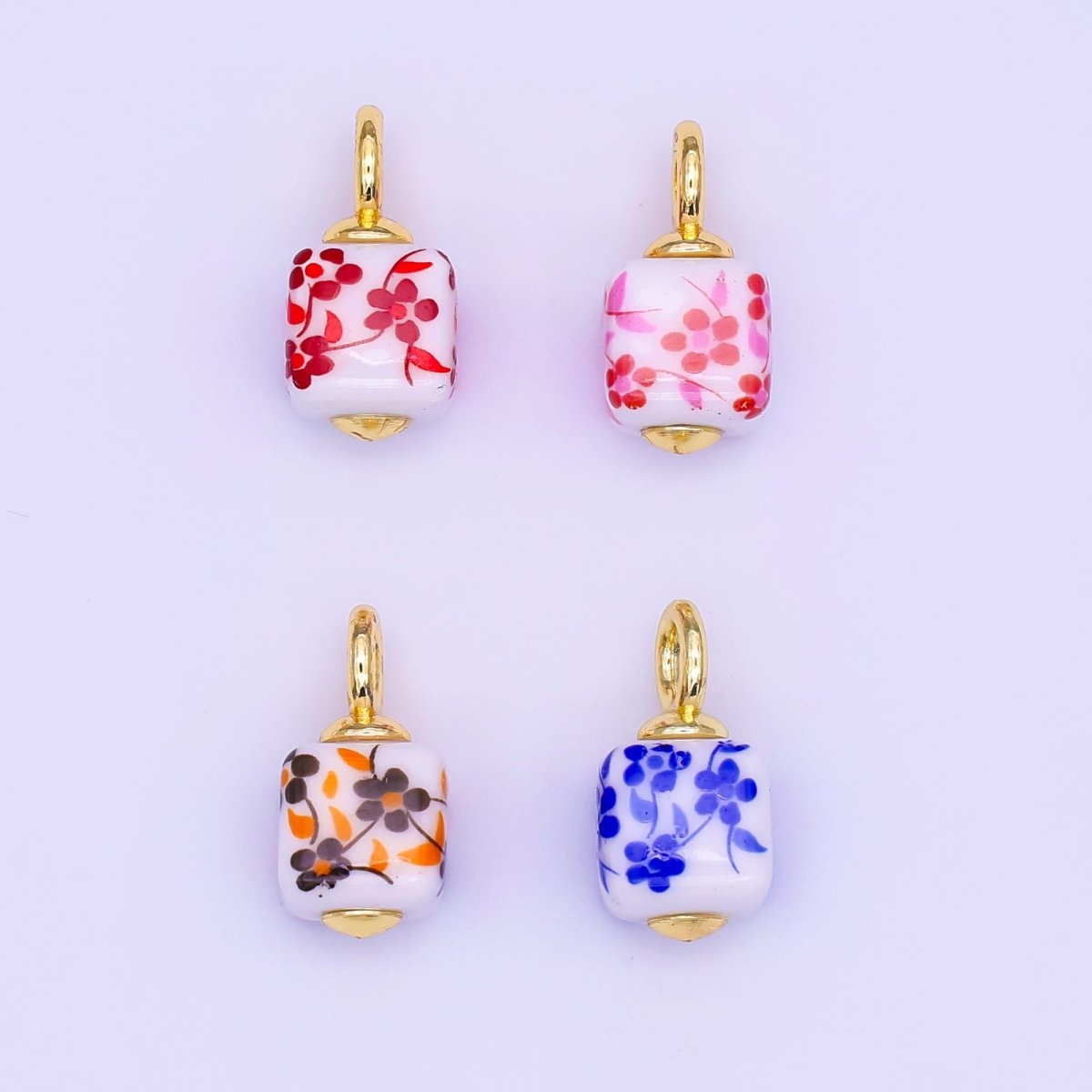 24K Gold Filled Blue, Pink, Brown, Red Daisy Flower Cube Ceramic Drop Pendant | E648 E704 - DLUXCA