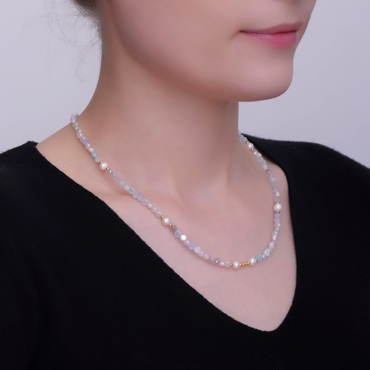 24K Gold Filled Blue Purple Multicolor Flat Gemstone 17.5 Inch Necklace | WA - 2970 - DLUXCA