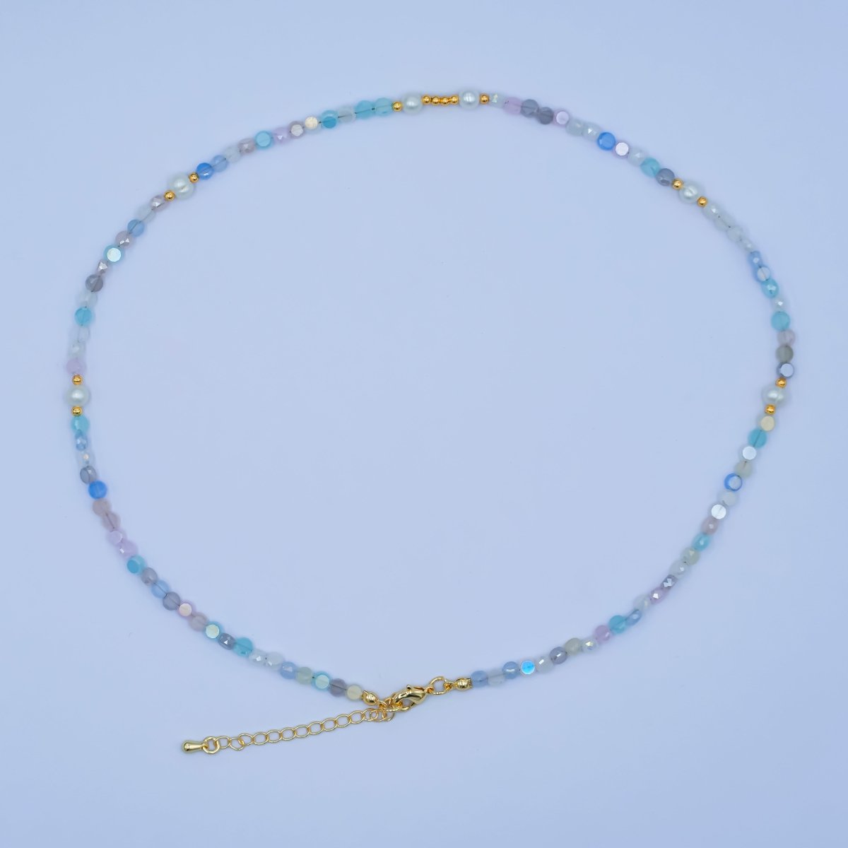 24K Gold Filled Blue Purple Multicolor Flat Gemstone 17.5 Inch Necklace | WA - 2970 - DLUXCA