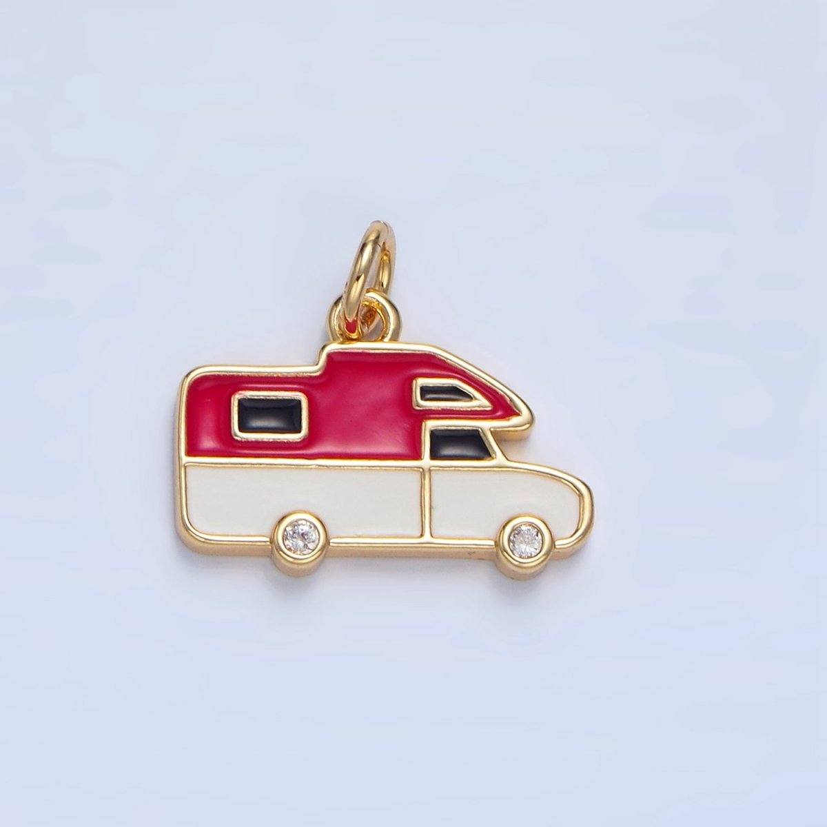24K Gold Filled Blue, Red Enamel Trailer Van Vehicle Travel Charm | X620 - DLUXCA