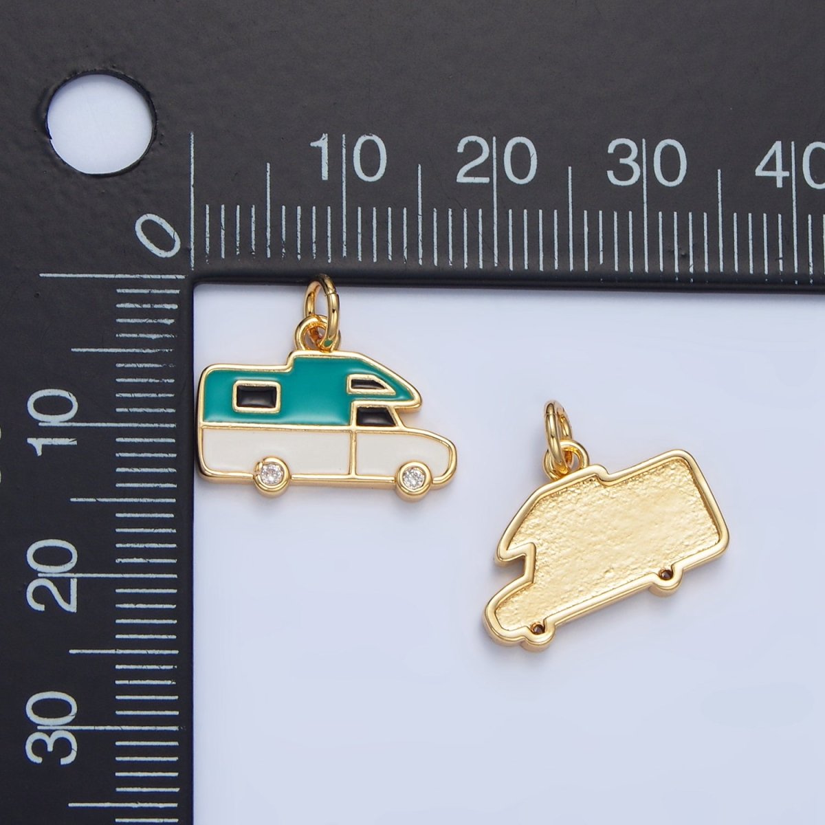 24K Gold Filled Blue, Red Enamel Trailer Van Vehicle Travel Charm | X620 - DLUXCA