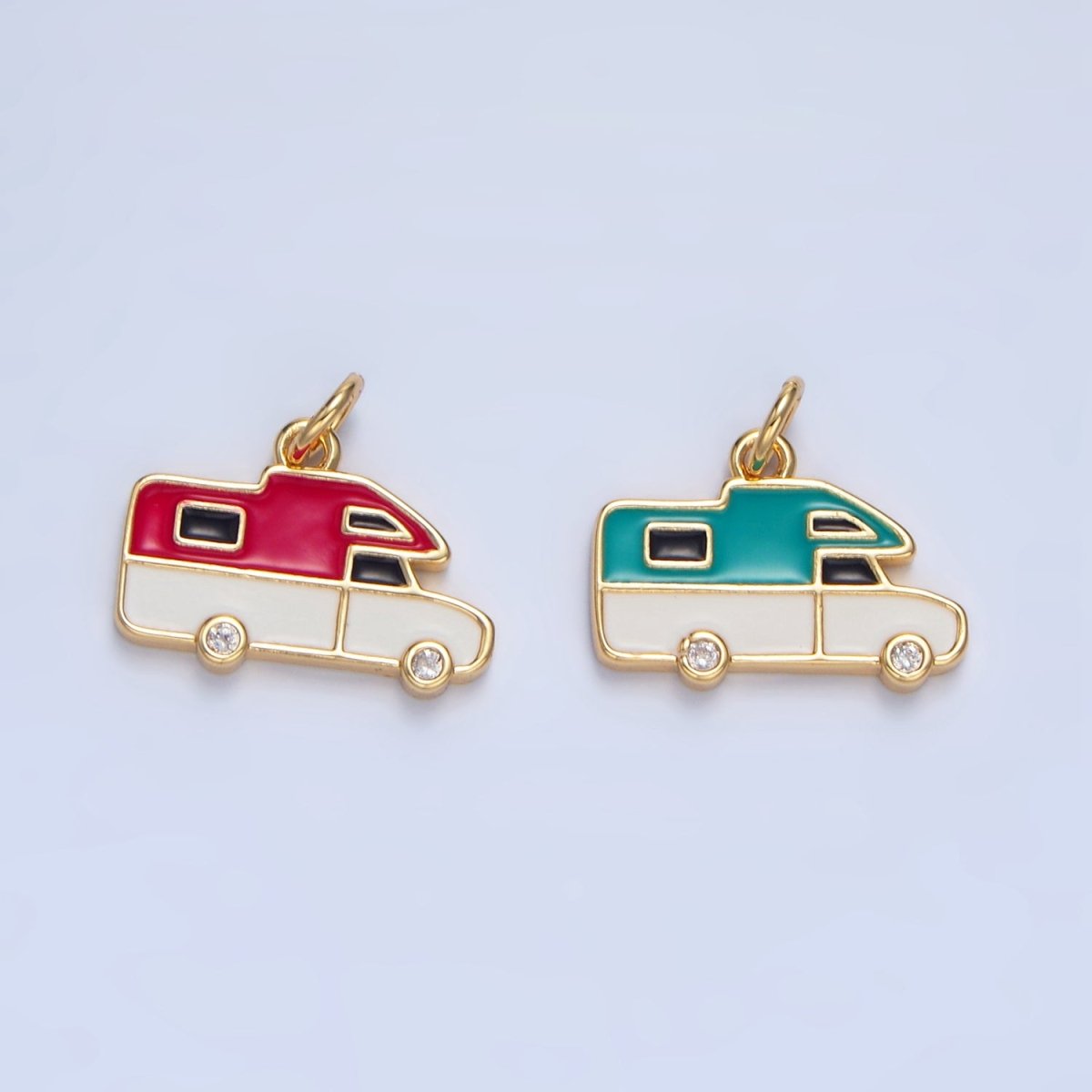 24K Gold Filled Blue, Red Enamel Trailer Van Vehicle Travel Charm | X620 - DLUXCA