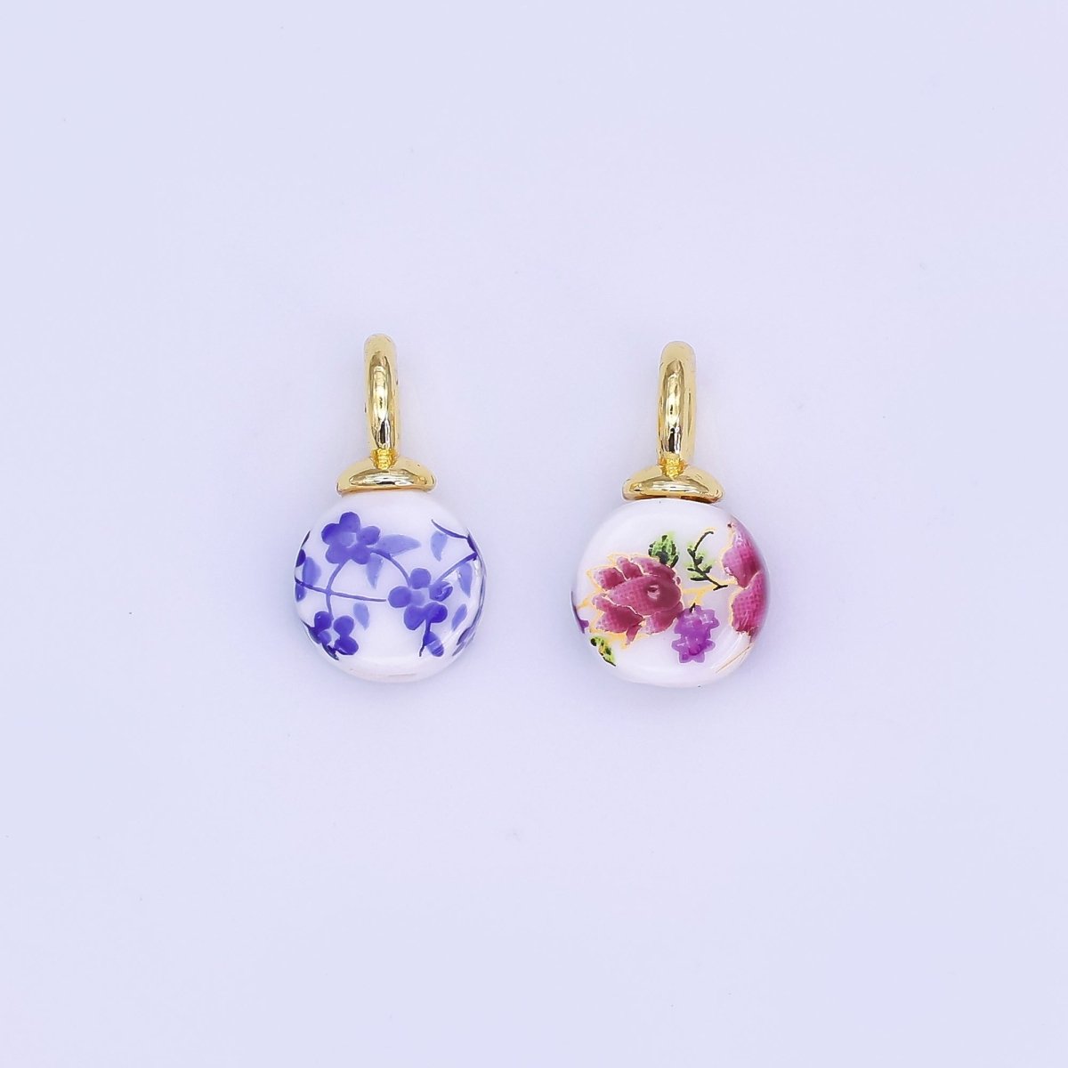 24K Gold Filled Blue, Red Flower Round Ceramic Drop Pendant | N131 N133 - DLUXCA