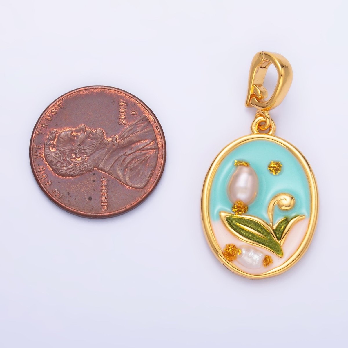 24K Gold Filled Blue Tulip Flower With Pearl Snap Bail Pendant | AA1468 - DLUXCA