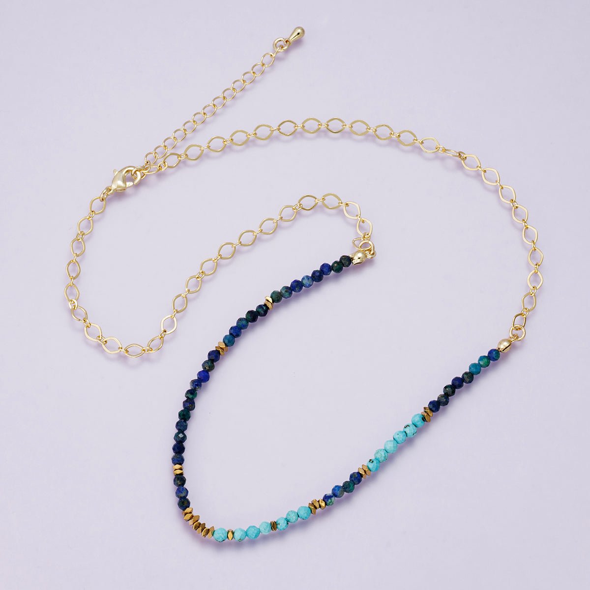 24K Gold Filled Blue Turquoise Lapis Lazuli Multifaceted Gemstone Cable Chain Half 18 Inch Necklace w. Extender | WA - 04229 - DLUXCA