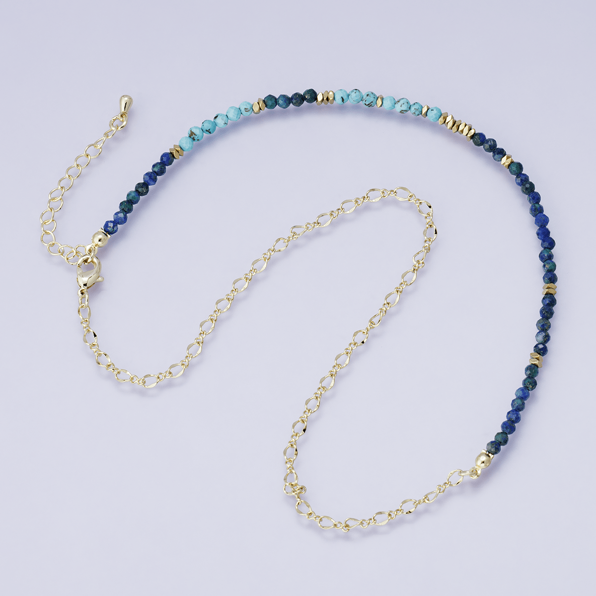 24K Gold Filled Blue Turquoise Lapis Lazuli Multifaceted Gemstone Figaro Chain Half 16 Inch Necklace w. Extender | WA - 04203 - DLUXCA