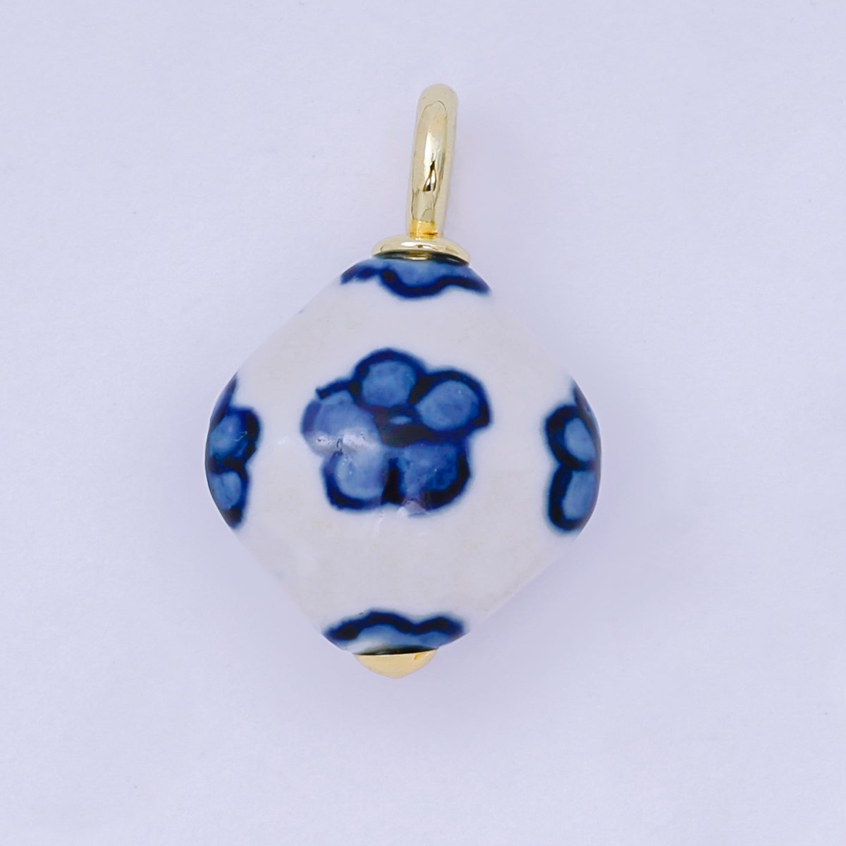 24K Gold Filled Blue - White Flower Geometric Porcelain Ceramic Drop Charm | AF1282 - DLUXCA