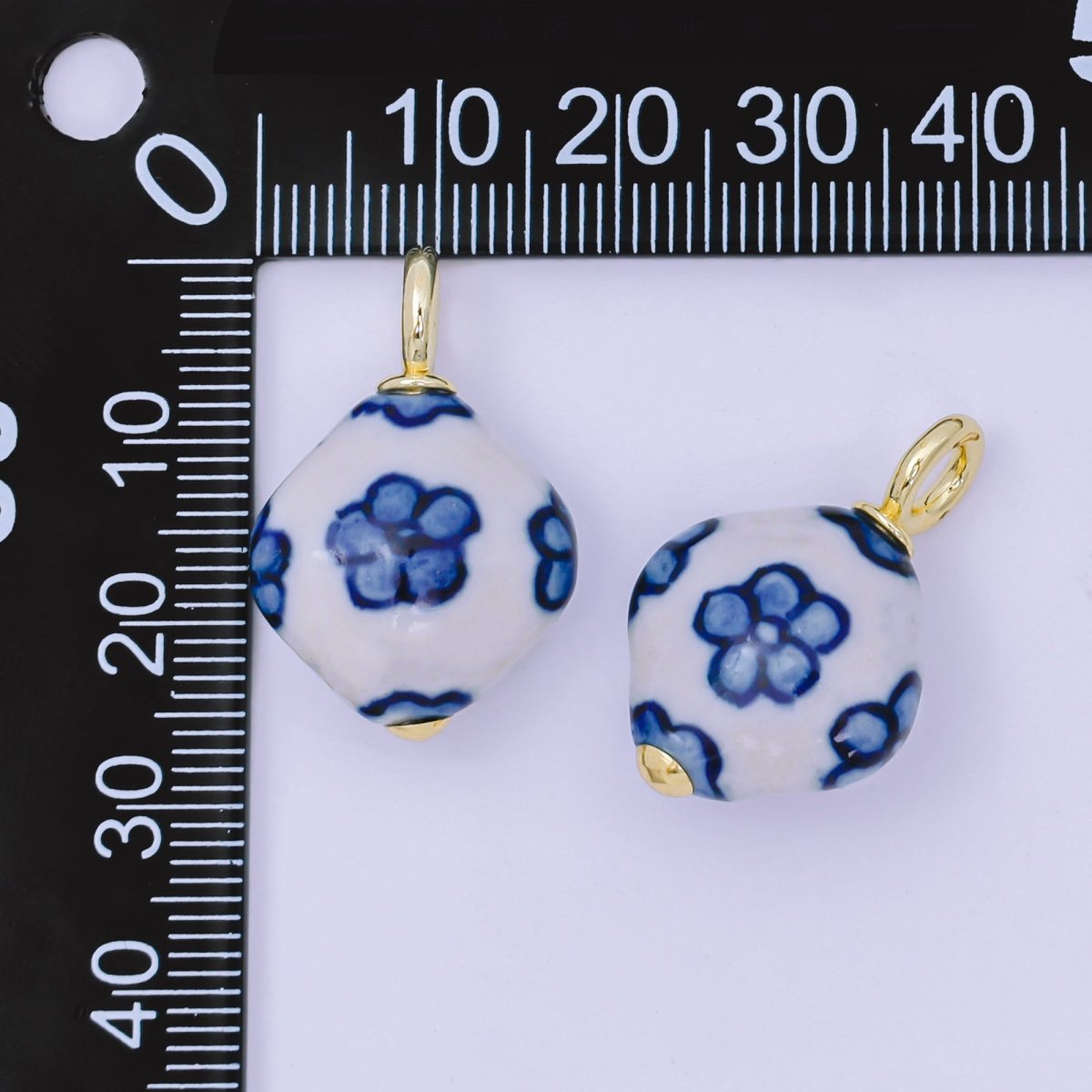 24K Gold Filled Blue - White Flower Geometric Porcelain Ceramic Drop Charm | AF1282 - DLUXCA