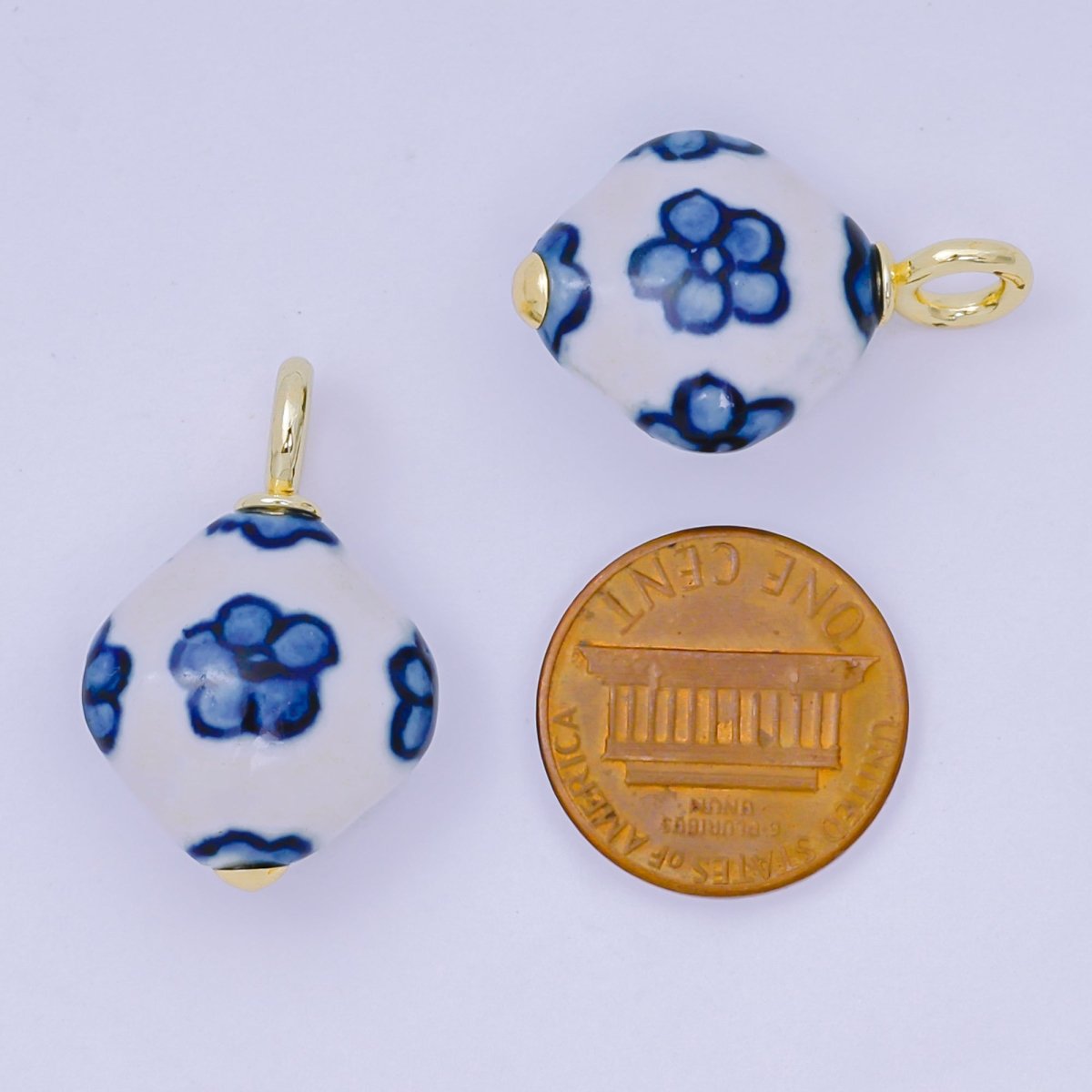 24K Gold Filled Blue - White Flower Geometric Porcelain Ceramic Drop Charm | AF1282 - DLUXCA