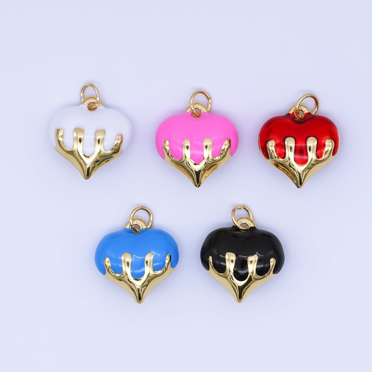 24K Gold Filled Blue, White, Pink, Red, Black Molten Drip Heart Multidimensional 3D Charm | AJ426 - AJ428 - DLUXCA
