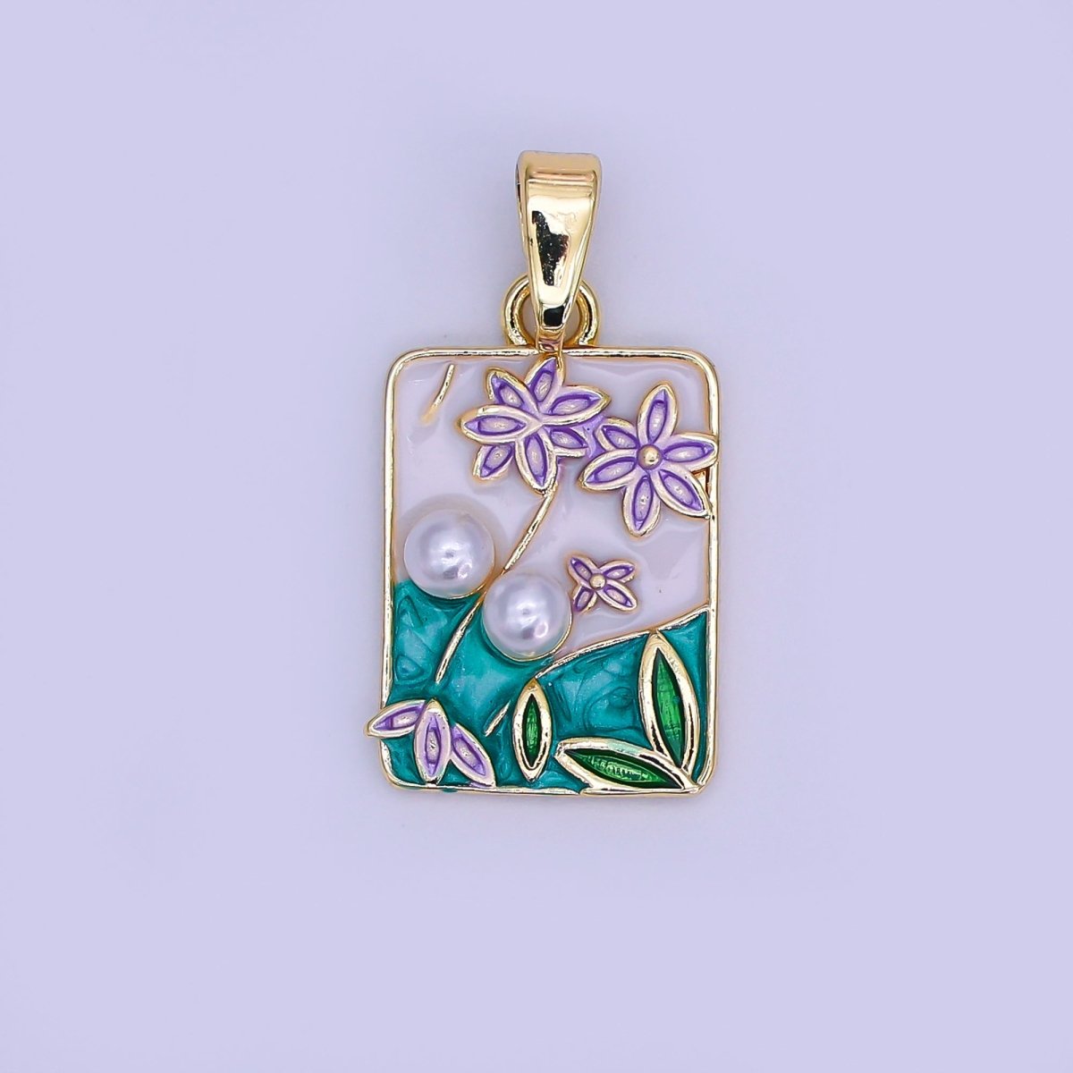 24K Gold Filled Blue, White Sky Mountain Flower Rectangular Pendant | AH491 - DLUXCA