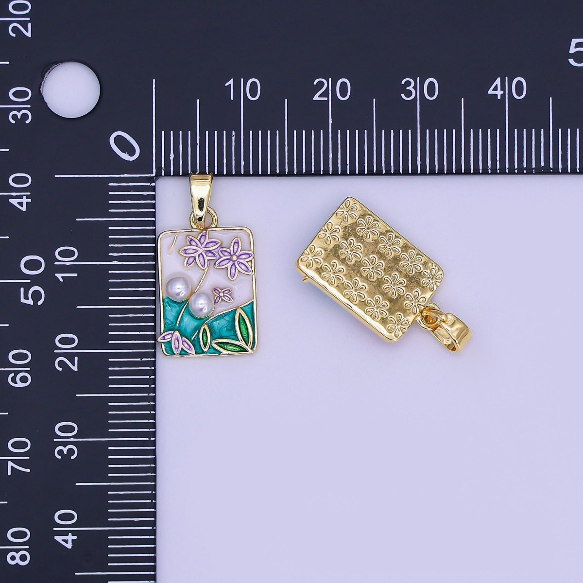 24K Gold Filled Blue, White Sky Mountain Flower Rectangular Pendant | AH491 - DLUXCA