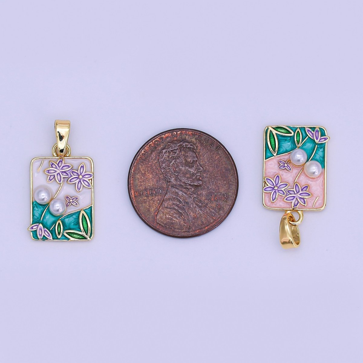 24K Gold Filled Blue, White Sky Mountain Flower Rectangular Pendant | AH491 - DLUXCA