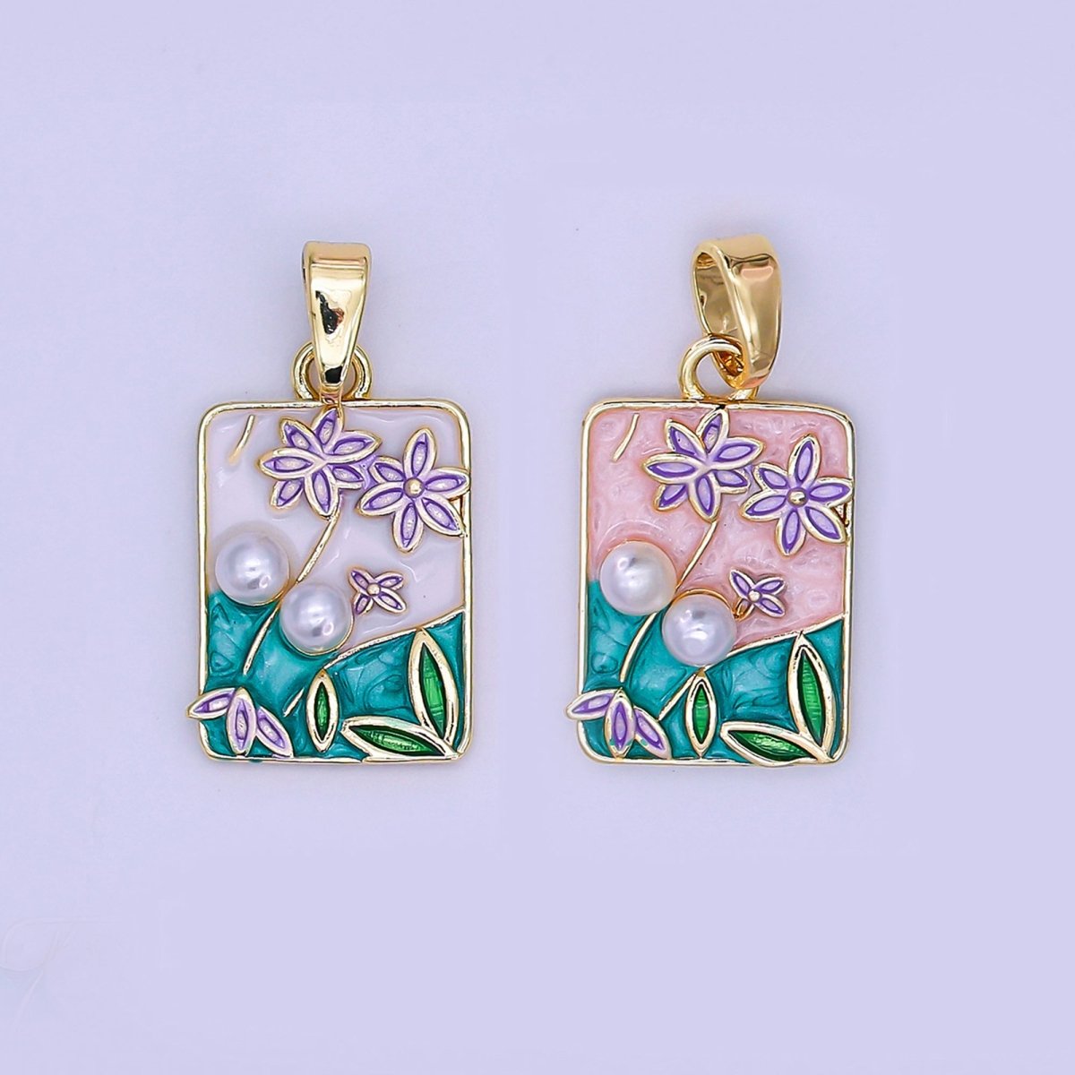 24K Gold Filled Blue, White Sky Mountain Flower Rectangular Pendant | AH491 - DLUXCA