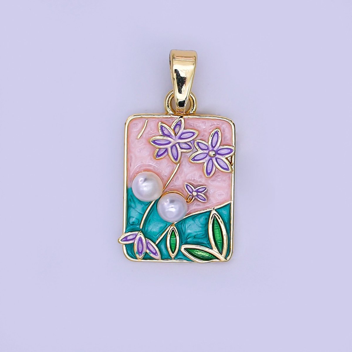 24K Gold Filled Blue, White Sky Mountain Flower Rectangular Pendant | AH491 - DLUXCA