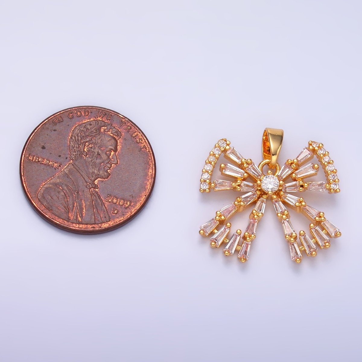 24K Gold Filled Bow Ribbon Baguette Micro Paved CZ Pendant | AA1437 - DLUXCA