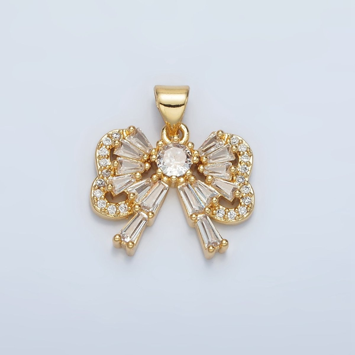 24K Gold Filled Bow Ribbon Baguette Micro Paved CZ Pendant | I274 - DLUXCA