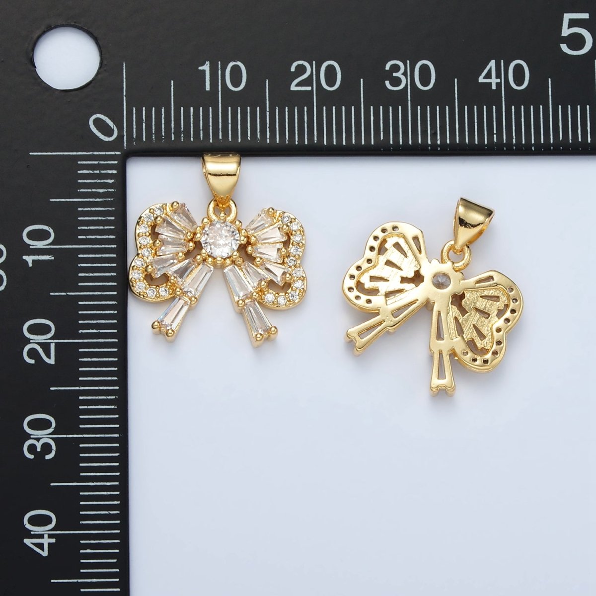 24K Gold Filled Bow Ribbon Baguette Micro Paved CZ Pendant | I274 - DLUXCA