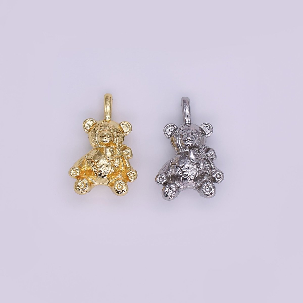 24K Gold Filled Bow Ribbon Teddy Bear Pendant in Gold & Silver | AH432 - DLUXCA