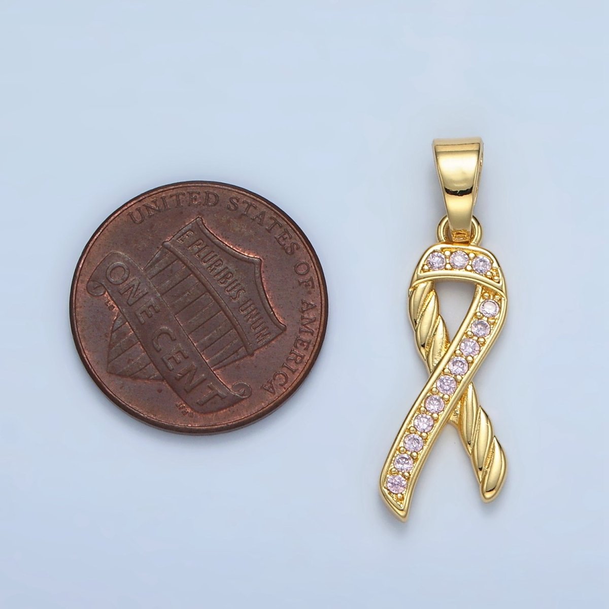 24K Gold Filled Breast Cancer Awareness Ribbon Pink Micro Paved CZ Pendant | I499 - DLUXCA