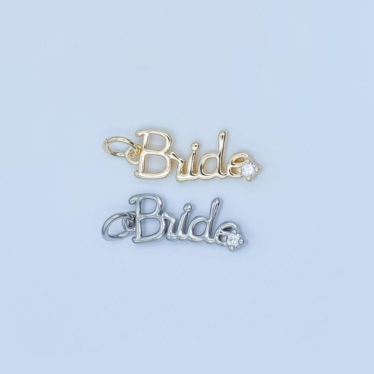 24K Gold Filled "Bride" Cursive Script CZ Charm in Gold & Silver | N091 - DLUXCA