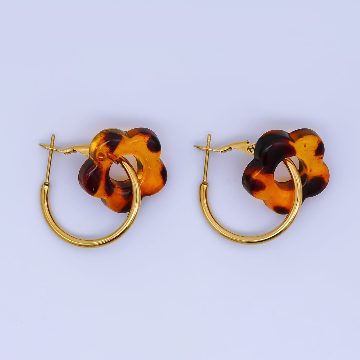 24K Gold Filled Brown - Black Resin Flower 23mm C - Shaped Hinge Hoop Earring | AI539 - DLUXCA