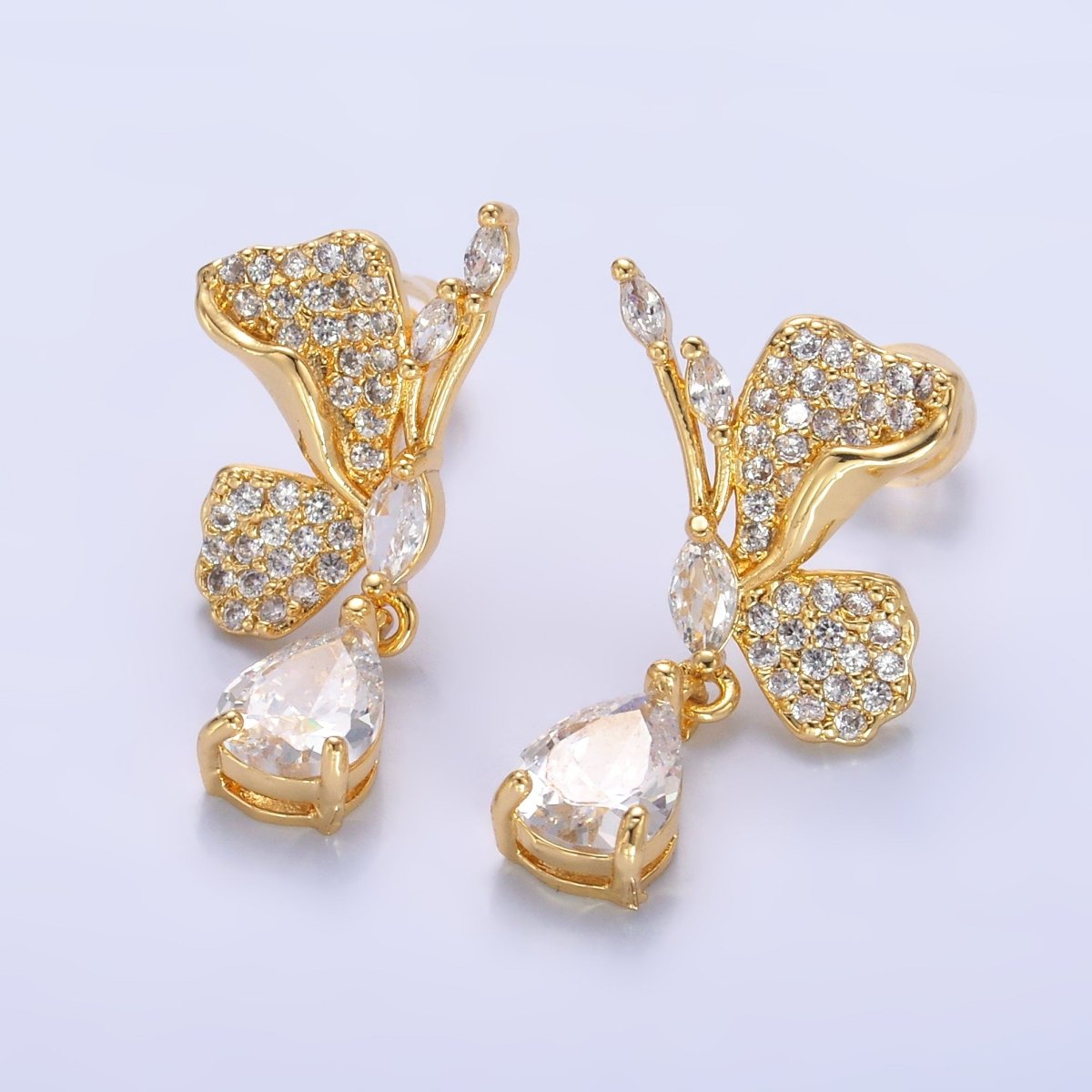 24K Gold Filled Butterfly Micro Paved CZ Teardrop Drop Stud Earrings Set | AB711 - DLUXCA