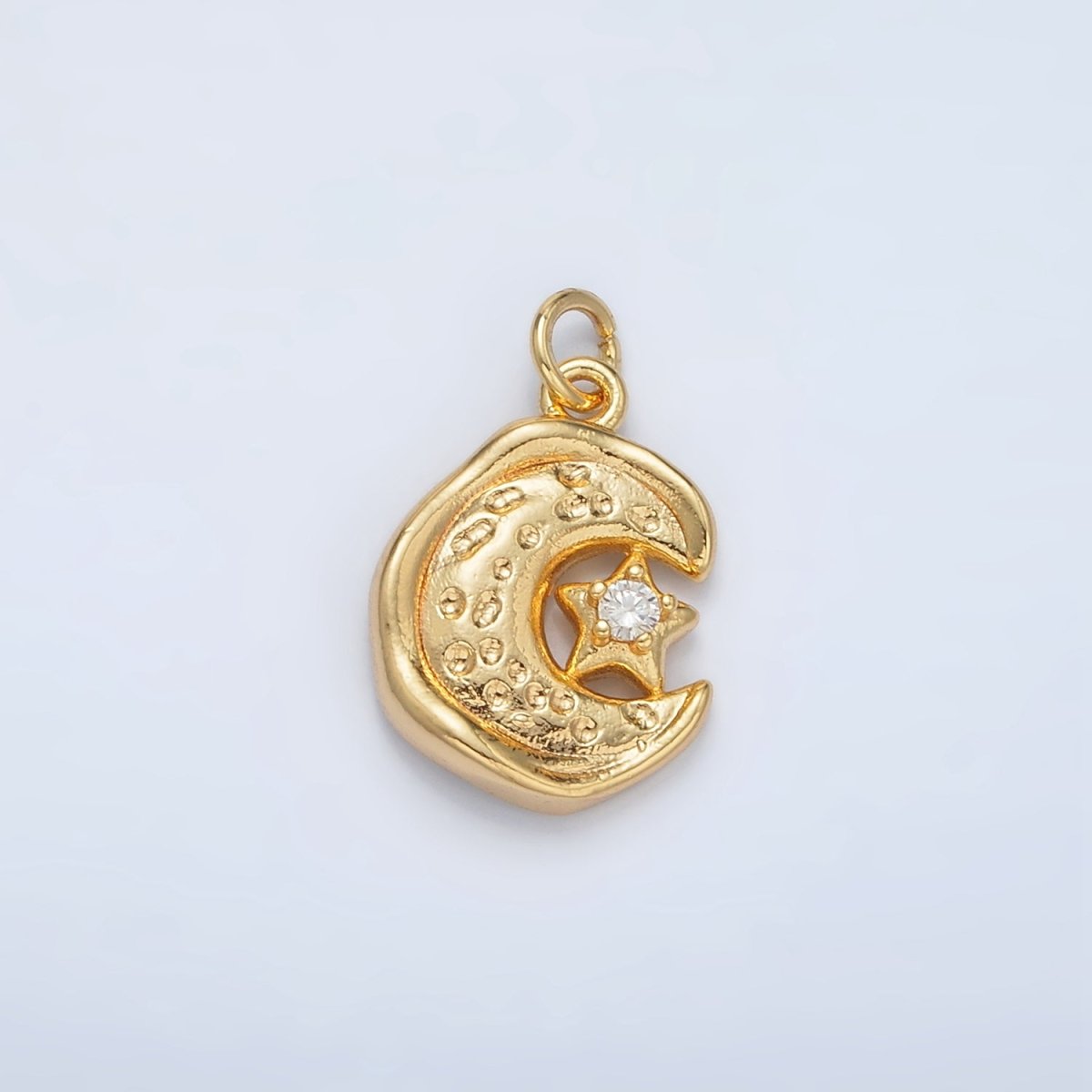 24K Gold Filled Celestial Star CZ Hammered Crescent Moon Stamped Charm | AC103 - DLUXCA