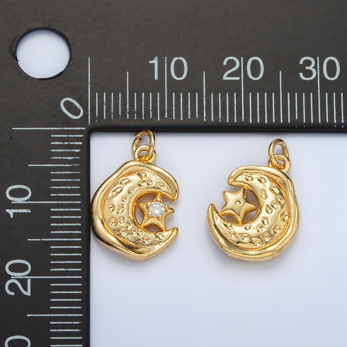 24K Gold Filled Celestial Star CZ Hammered Crescent Moon Stamped Charm | AC103 - DLUXCA