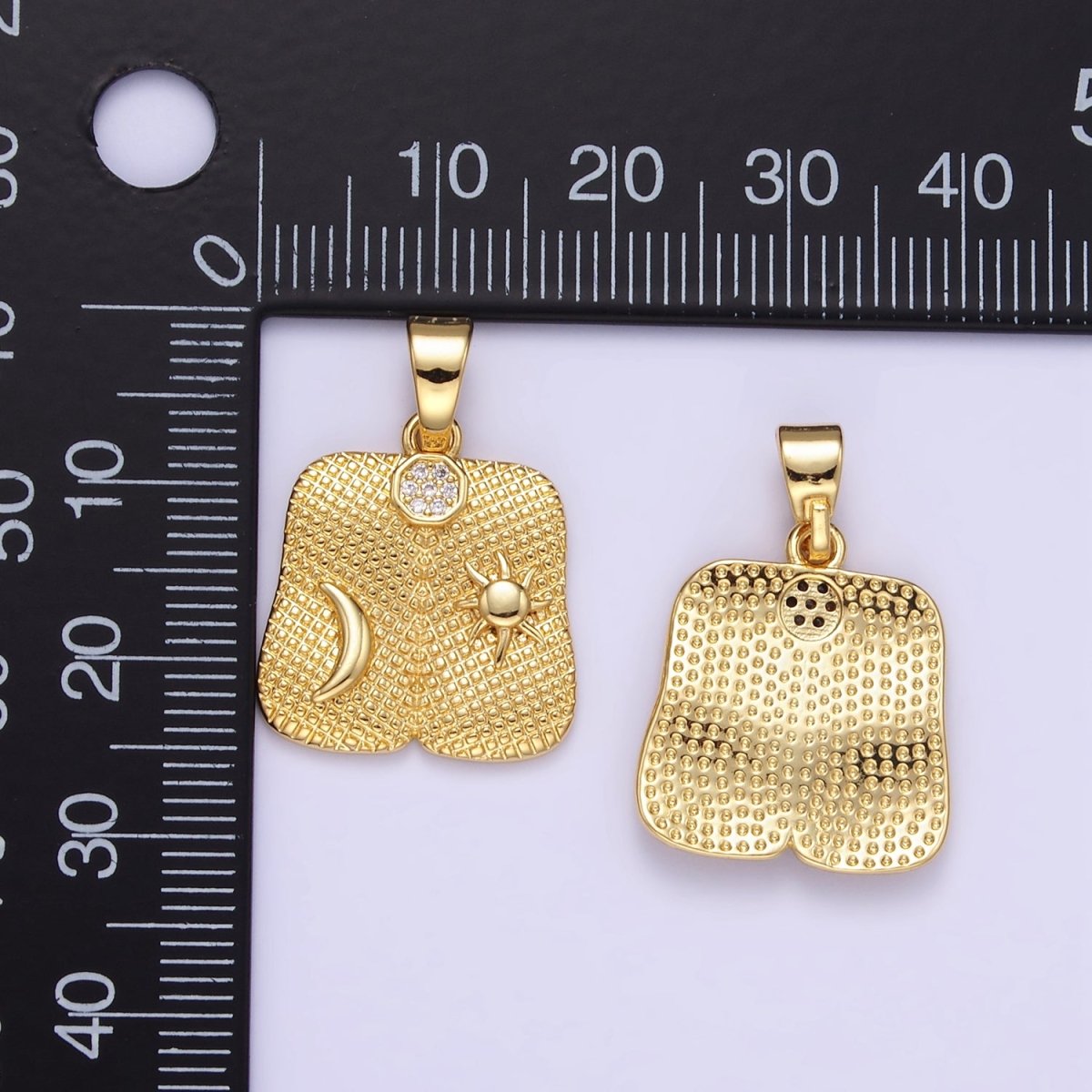 24K Gold Filled Celestial Sun Moon Textured Micro Paved Square Pendant | AA1336 - DLUXCA