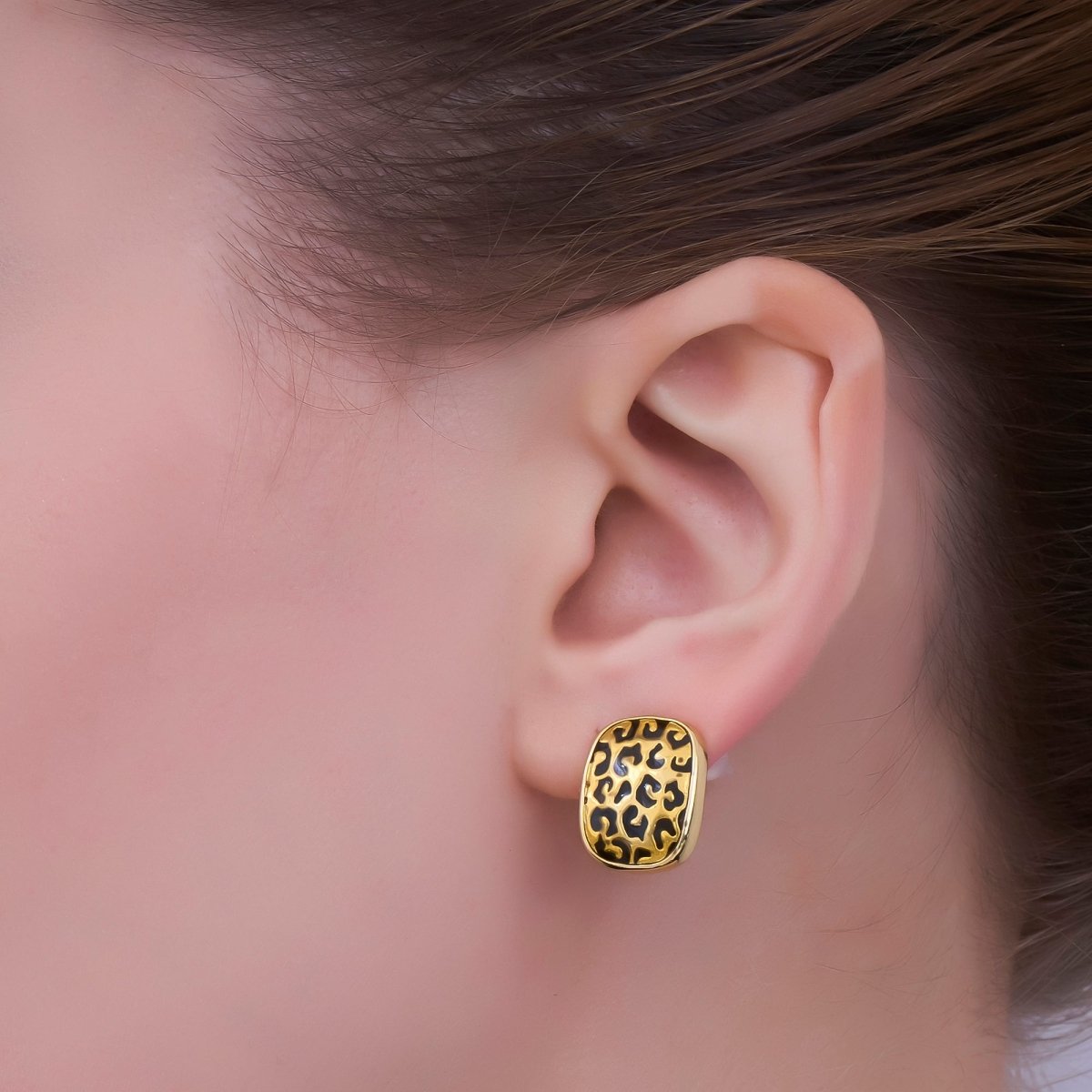 24K Gold Filled Cheetah Print Rectangular Oblong Stud Earrings | AB781 - DLUXCA