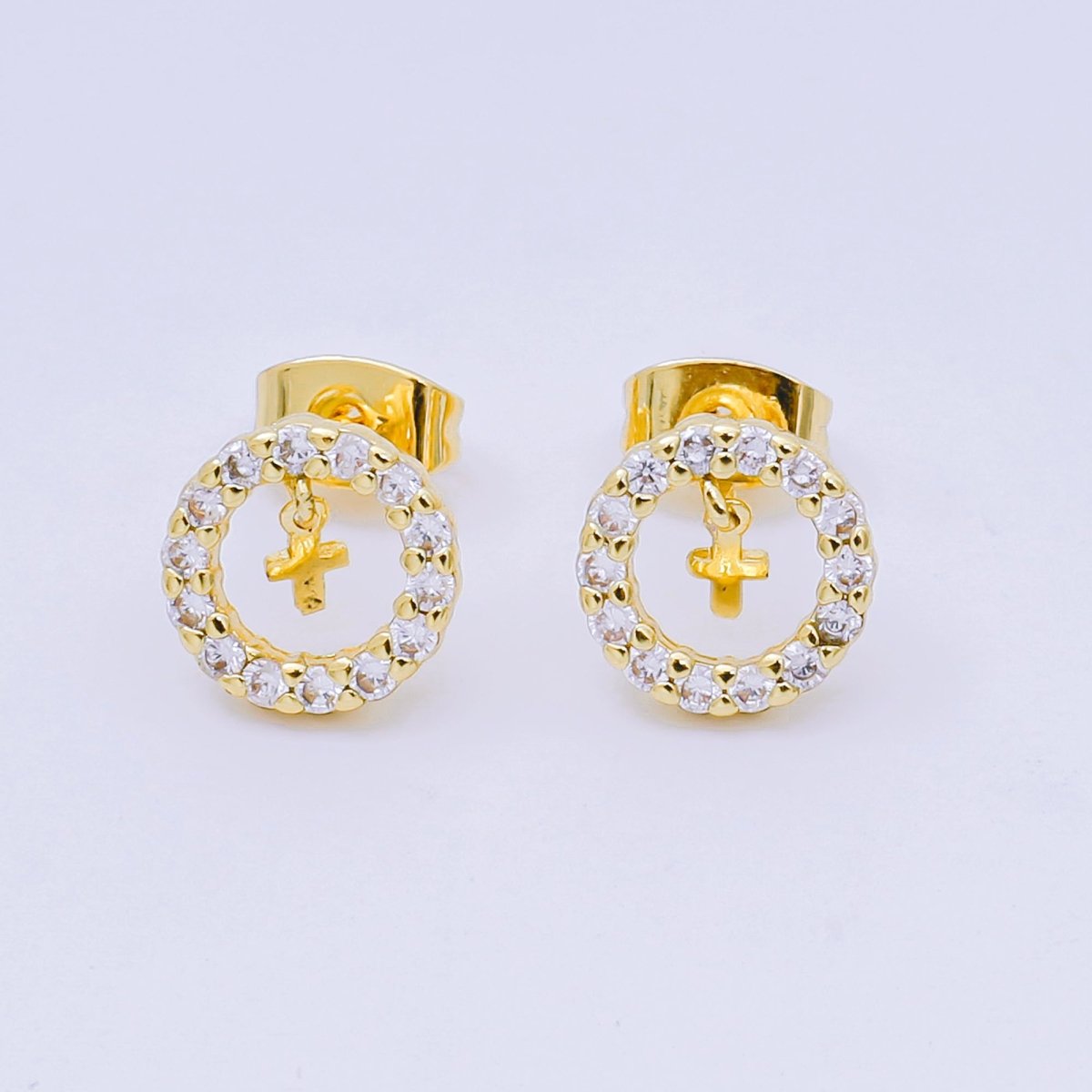 24K Gold Filled Christian Cross Micro Paved CZ Open Round Stud Earrings in Gold & Silver | AJ132 AJ133 - DLUXCA