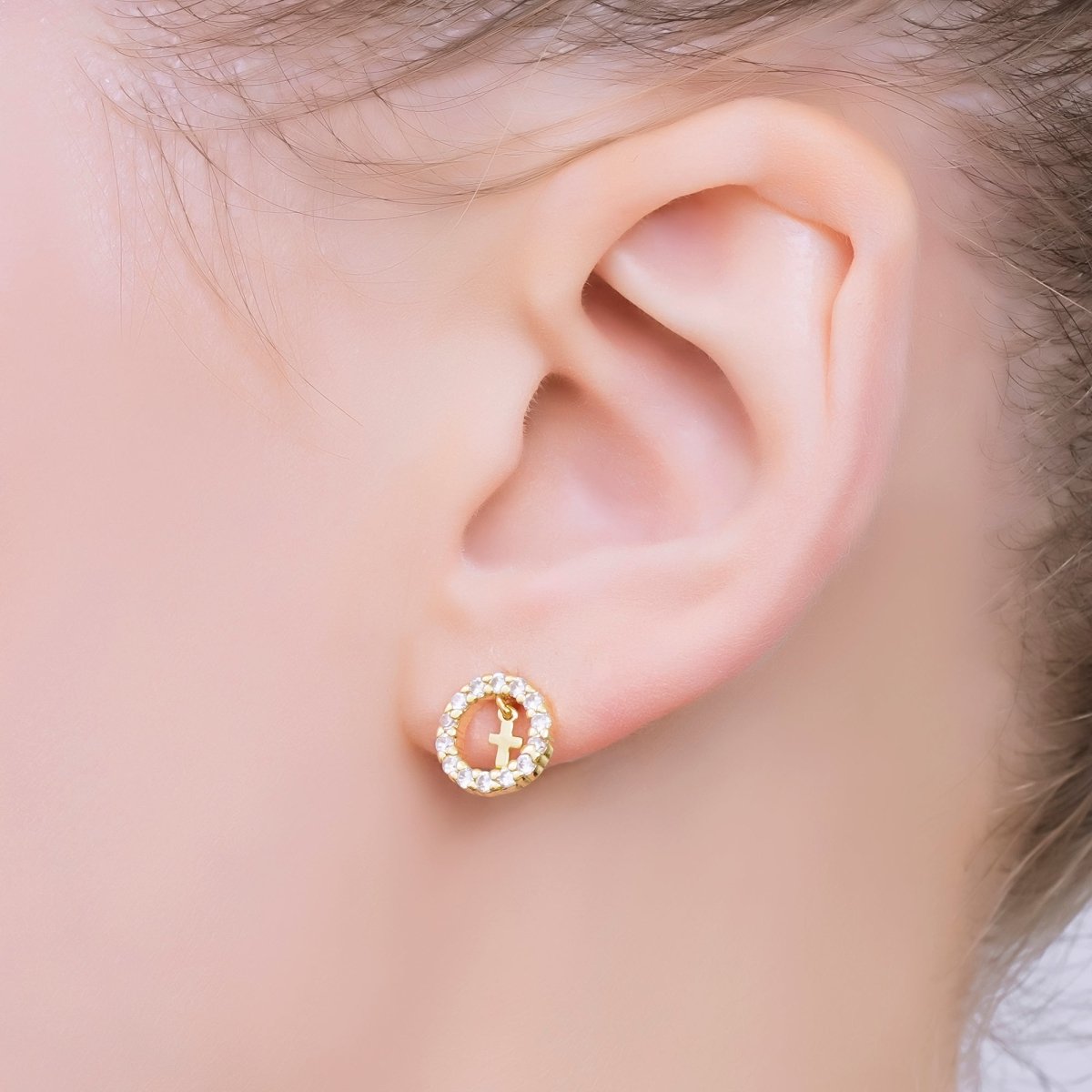 24K Gold Filled Christian Cross Micro Paved CZ Open Round Stud Earrings in Gold & Silver | AJ132 AJ133 - DLUXCA