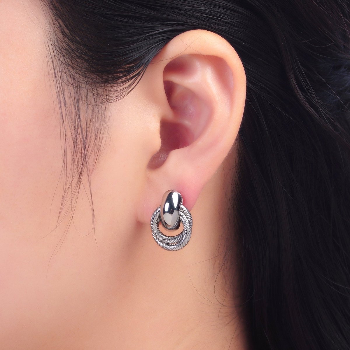 24K Gold Filled Circular Croissant Knot Doorknocker Drop Stud Earrings in Gold & Silver | Q490 AB744 - DLUXCA