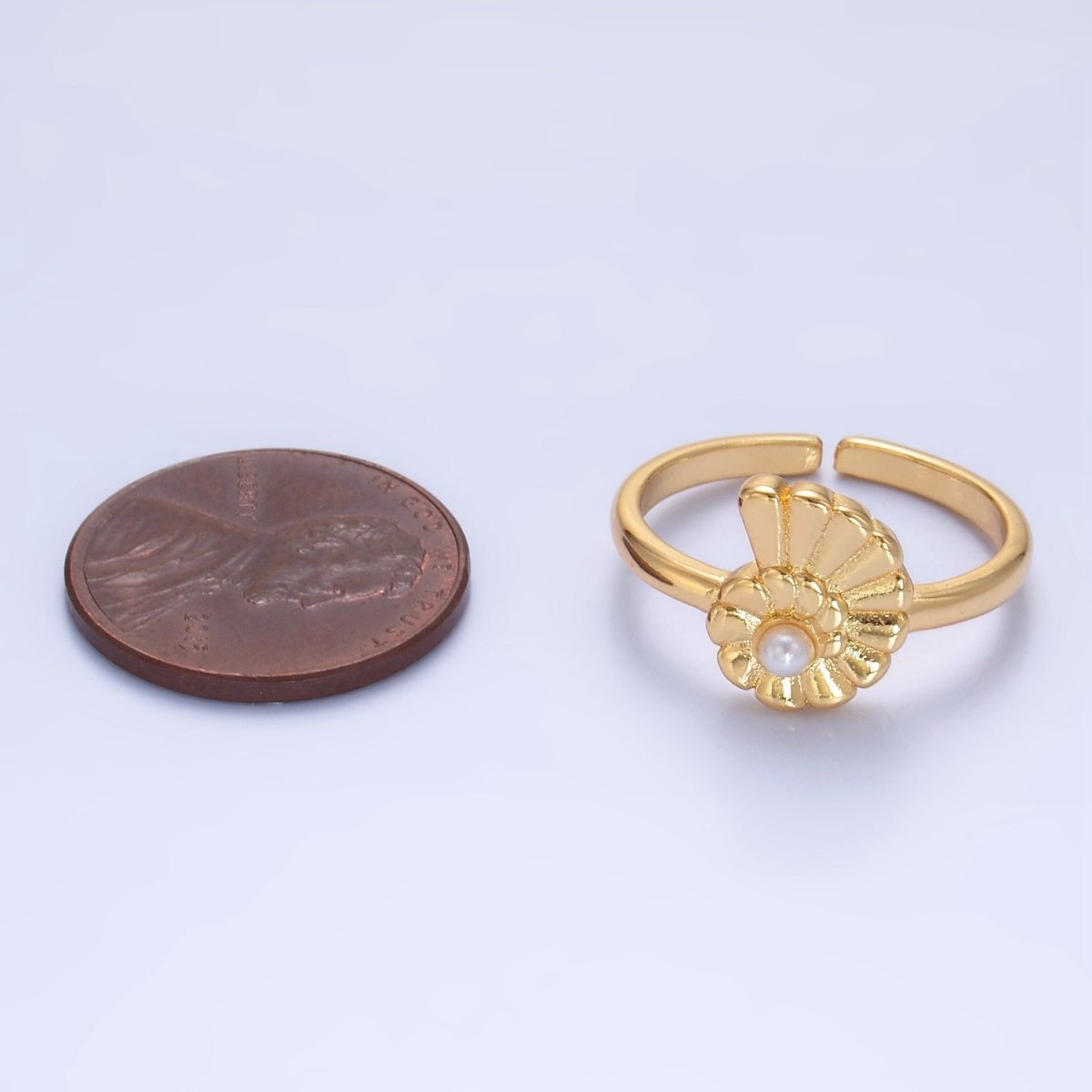 24K Gold Filled Clam Shell Pearl Adjustable Ring | U421 - DLUXCA