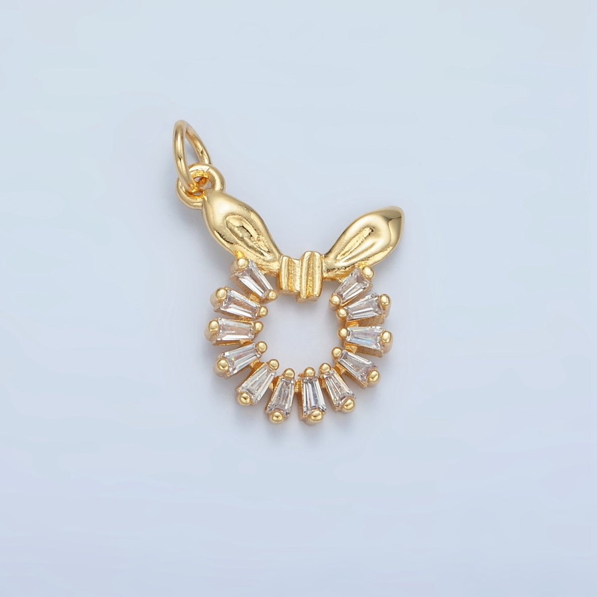 24K Gold Filled Clear Baguette CZ Bow Ribbon Open Circular Round Charm | M048 - DLUXCA