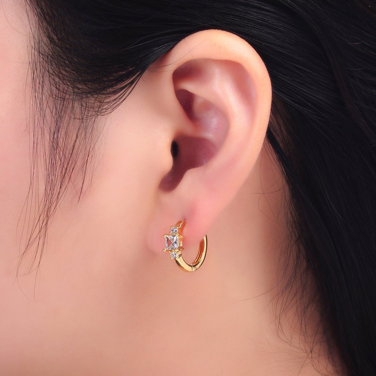 24K Gold Filled Clear Baguette CZ Huggie Earrings | AB703 - DLUXCA