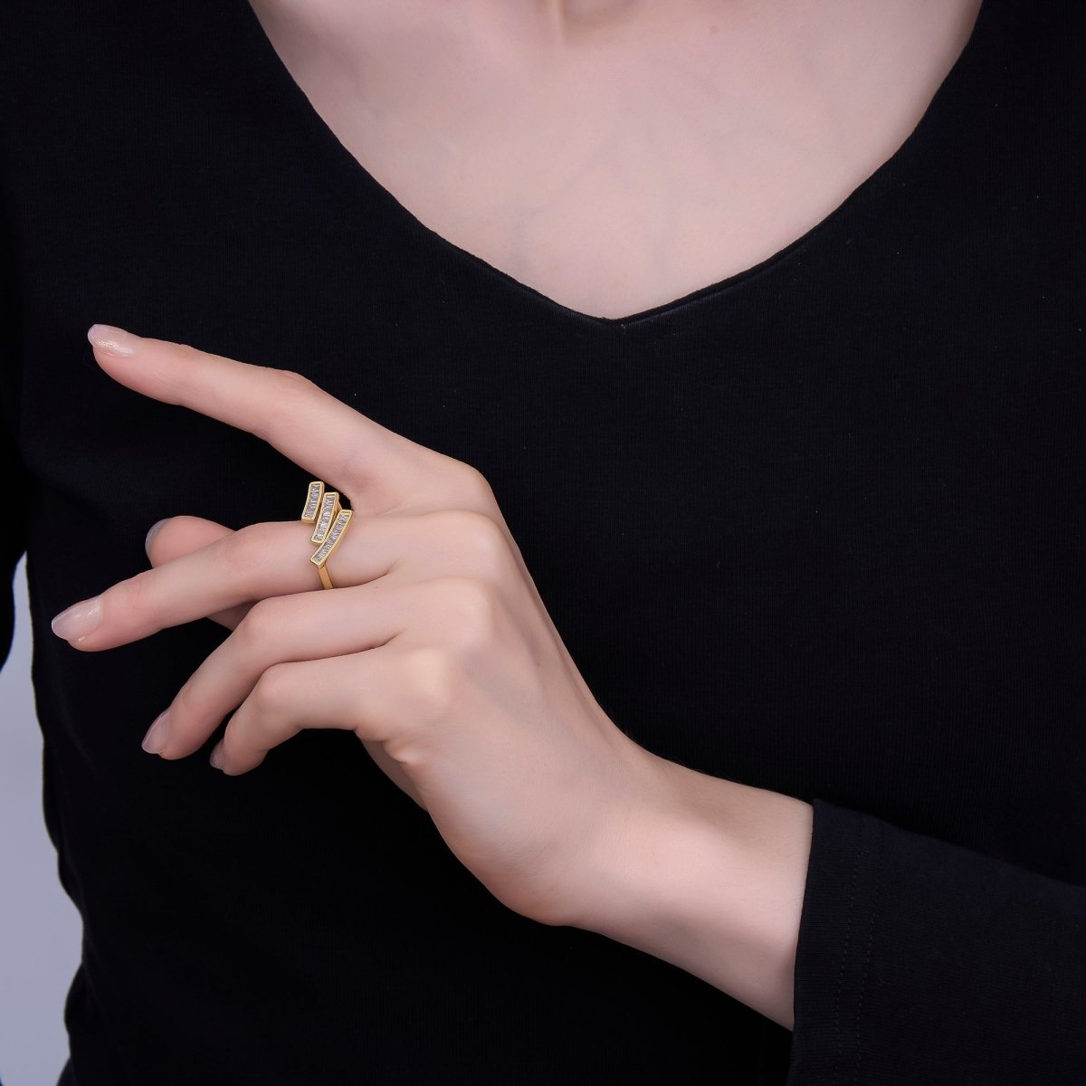 24K Gold Filled Clear Baguette CZ Triple Bar Ring | O1436 - DLUXCA