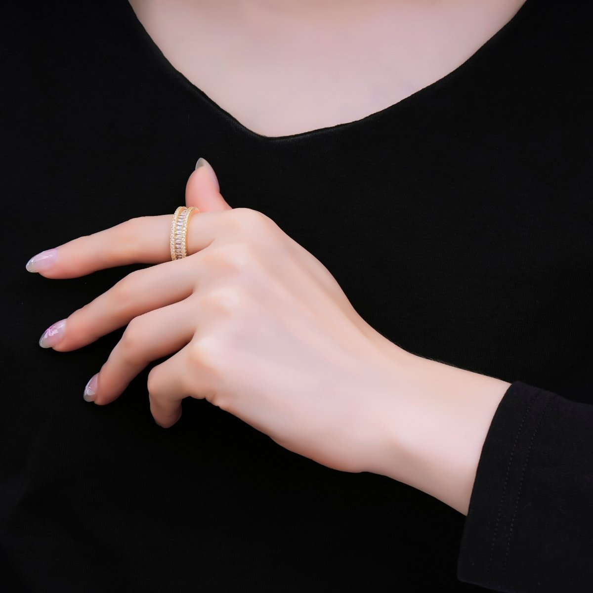 24K Gold Filled Clear Baguette Micro Paved CZ Adjustable Ring | O1037 - DLUXCA