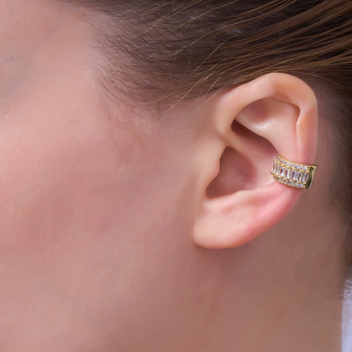 24K Gold Filled Clear Baguette Micro Paved CZ Ear Cuff Earring | AI174 - DLUXCA
